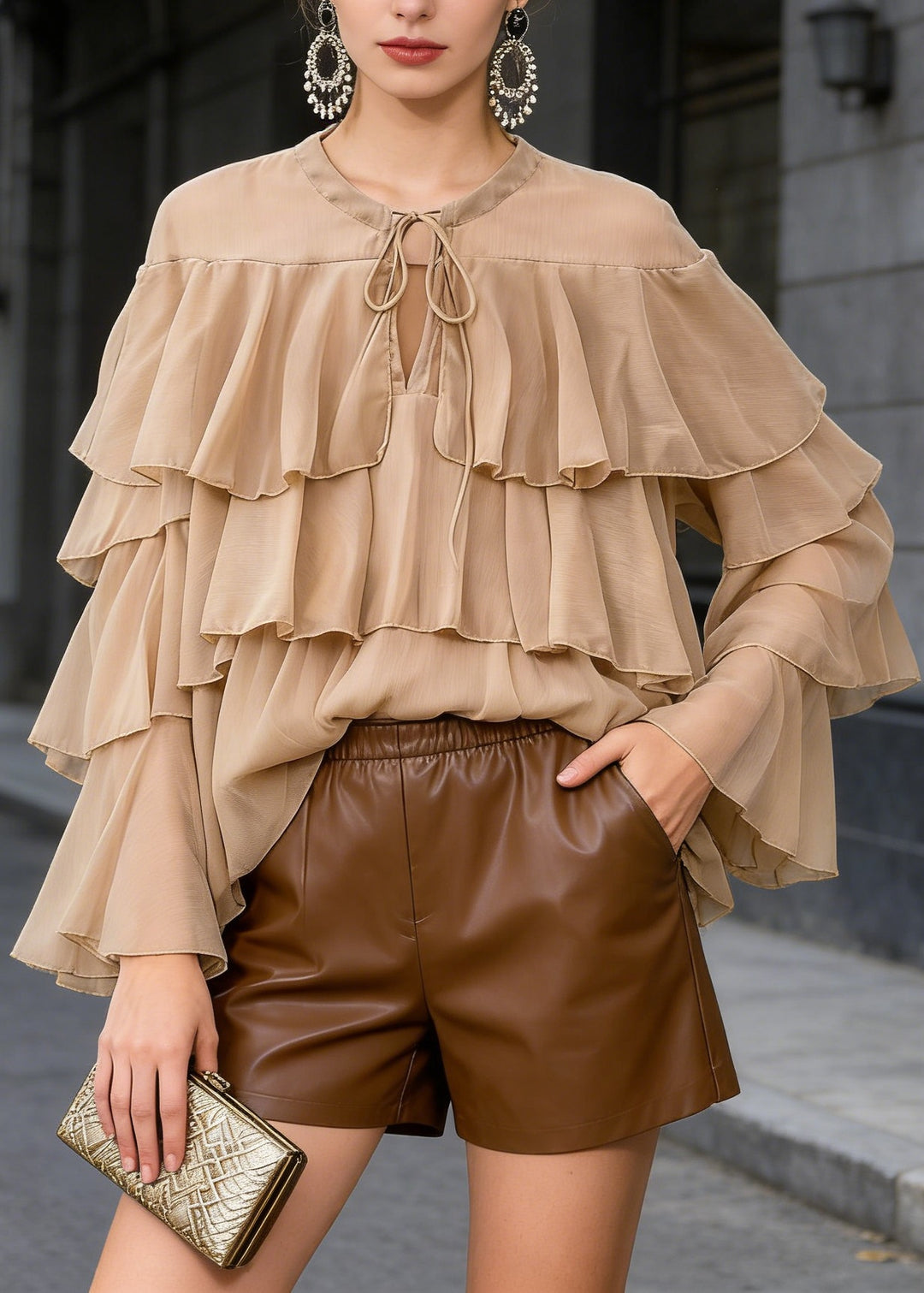 Chic Light Brown O Neck Ruffled Patchwork Chiffon Blouses Spring - Omychic