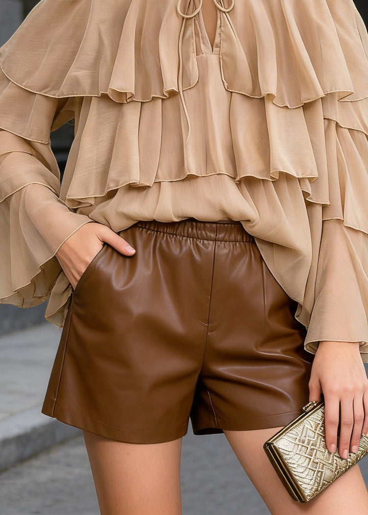 Chic Light Brown O Neck Ruffled Patchwork Chiffon Blouses Spring - Omychic