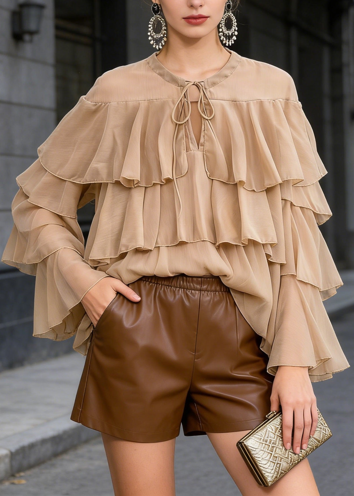 Chic Light Brown O Neck Ruffled Patchwork Chiffon Blouses Spring - Omychic