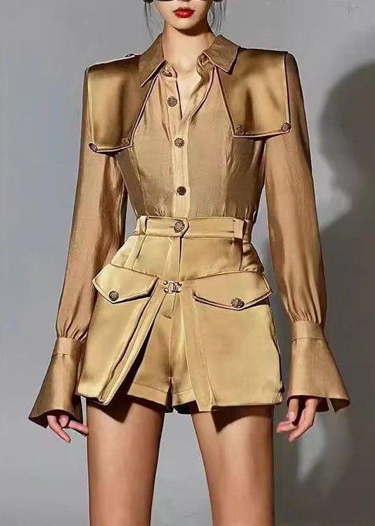 Chic Light Brown Peter Pan Collar Patchwork Silk Two Pieces Set Fall