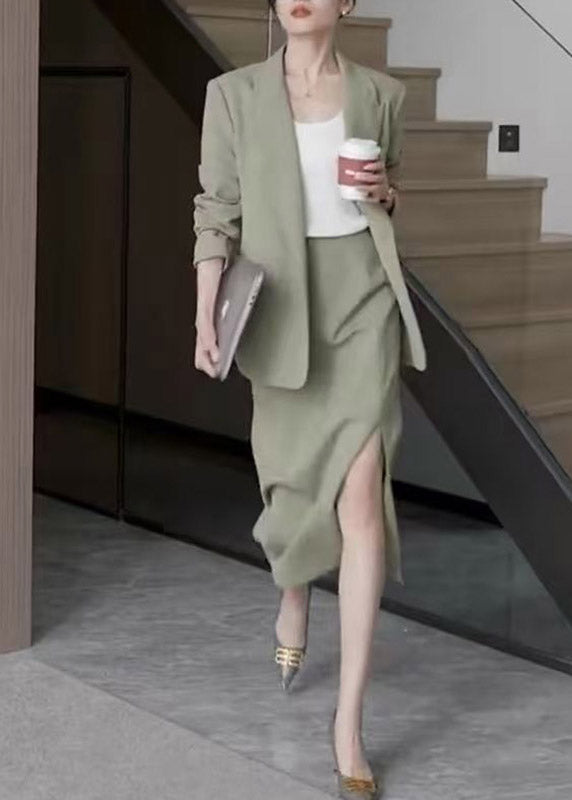 Chic Light Green Notche Coats And Maxi Skirts Two Pieces Set Spring