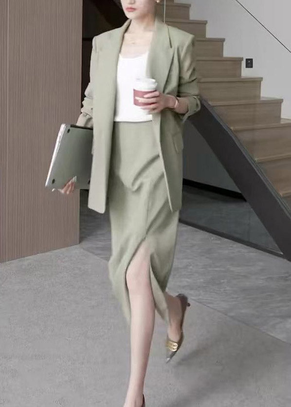 Chic Light Green Notche Coats And Maxi Skirts Two Pieces Set Spring