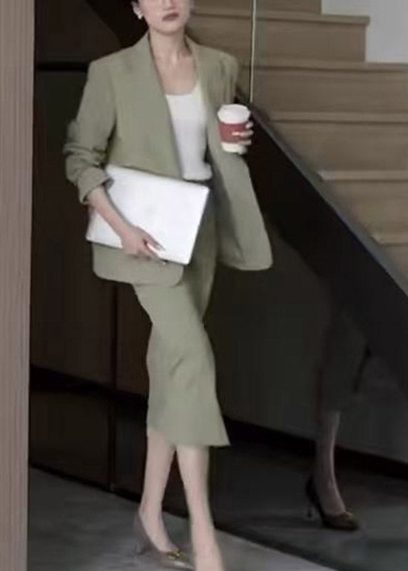 Chic Light Green Notche Coats And Maxi Skirts Two Pieces Set Spring