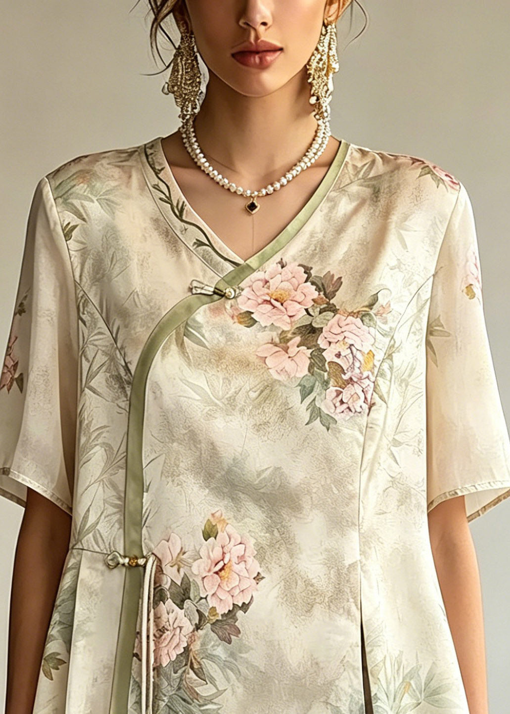 Chic Light Green V Neck Patchwork Button Chiffon Top Summer