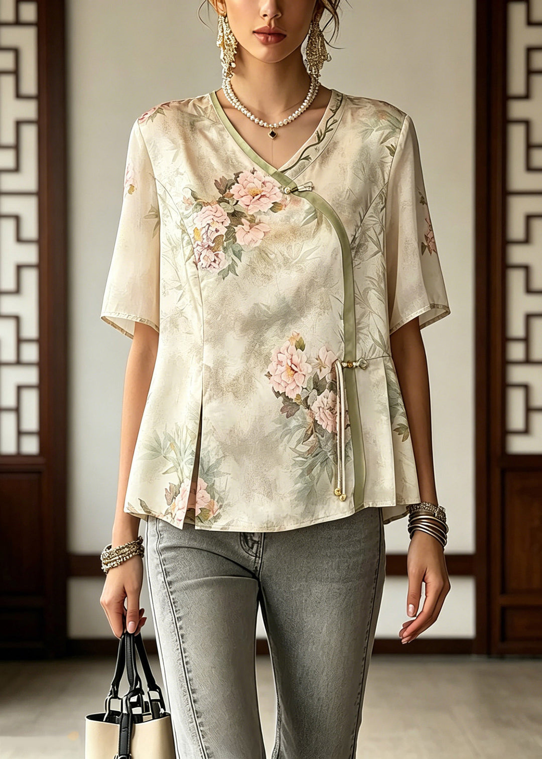 Chic Light Green V Neck Patchwork Button Chiffon Top Summer