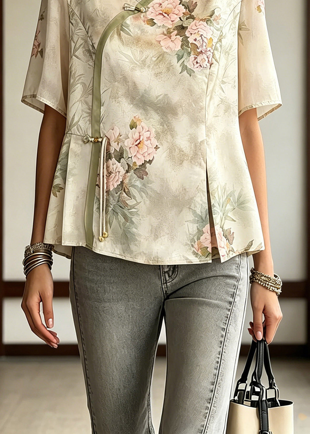 Chic Light Green V Neck Patchwork Button Chiffon Top Summer