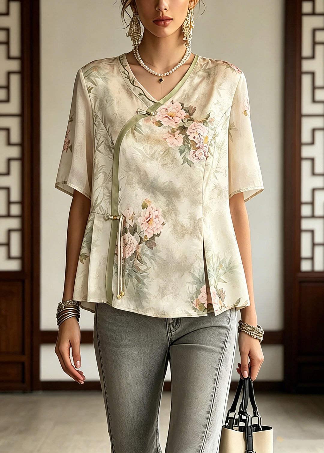 Chic Light Green V Neck Patchwork Button Chiffon Top Summer
