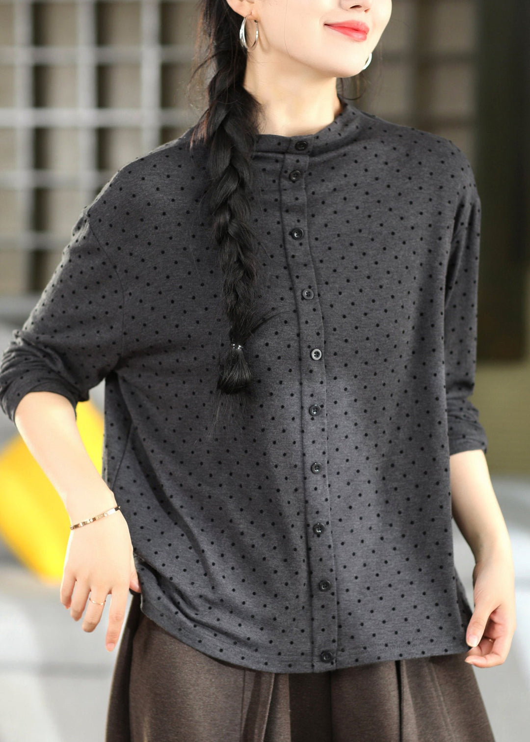 Chic Light Grey Dot Half High Neck Cotton T Shirts Fall