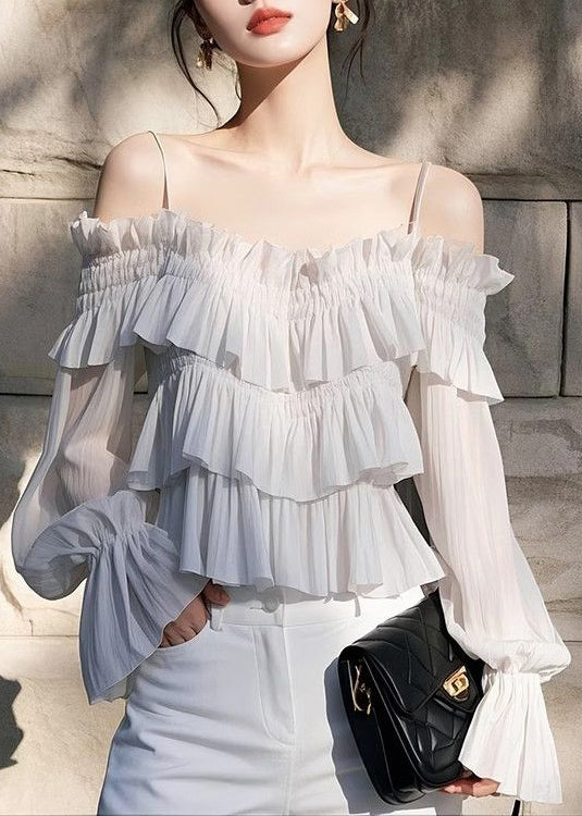 Chic Light Grey Ruffled Solid Chiffon Spaghetti Strap Blouse Flare Sleeve