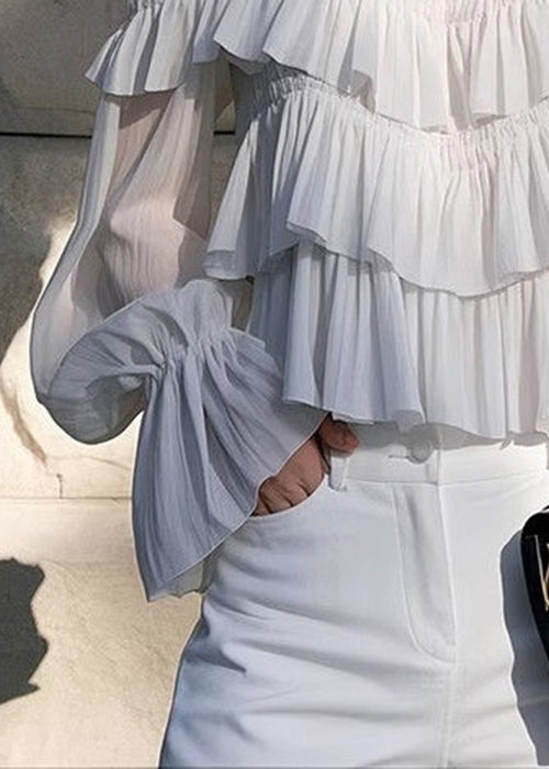 Chic Light Grey Ruffled Solid Chiffon Spaghetti Strap Blouse Flare Sleeve