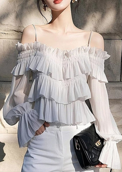 Chic Light Grey Ruffled Solid Chiffon Spaghetti Strap Blouse Flare Sleeve