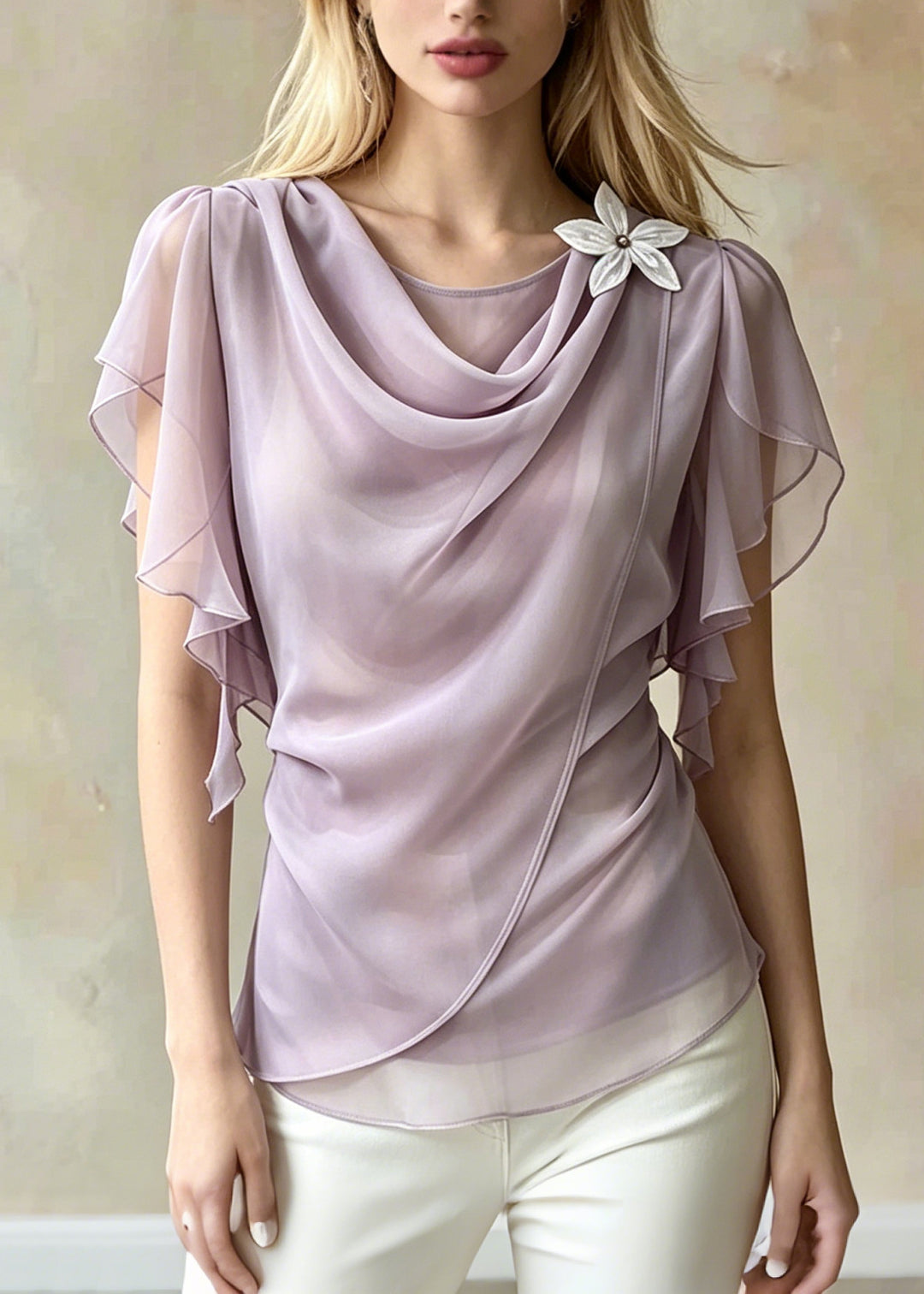 Chic Light Purple Asymmetrical Daisy Chiffon Shirt Summer