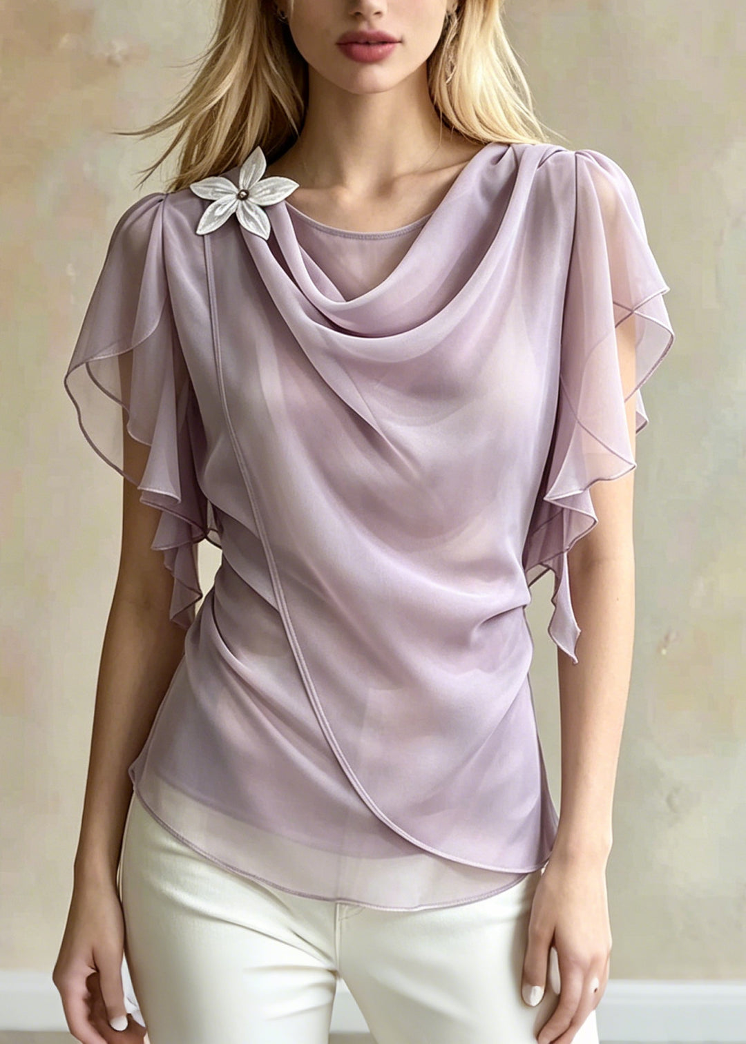 Chic Light Purple Asymmetrical Daisy Chiffon Shirt Summer