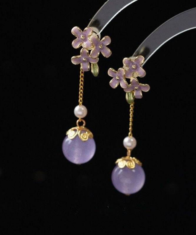 Chic Light Purple Copper Overgild Pearl Drip Glaze Drop Earrings