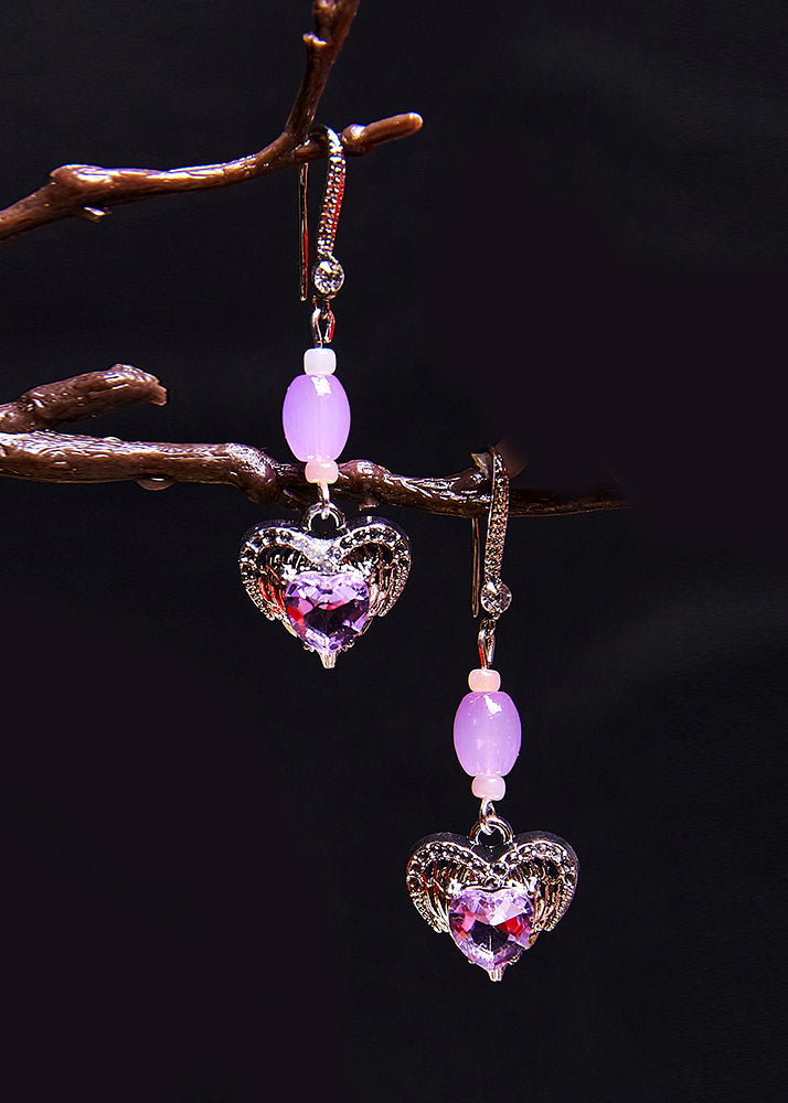 Chic Light Purple Heart-shaped Gem Stone Drop Earrings