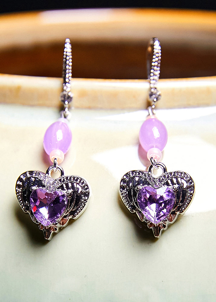 Chic Light Purple Heart-shaped Gem Stone Drop Earrings - Omychic
