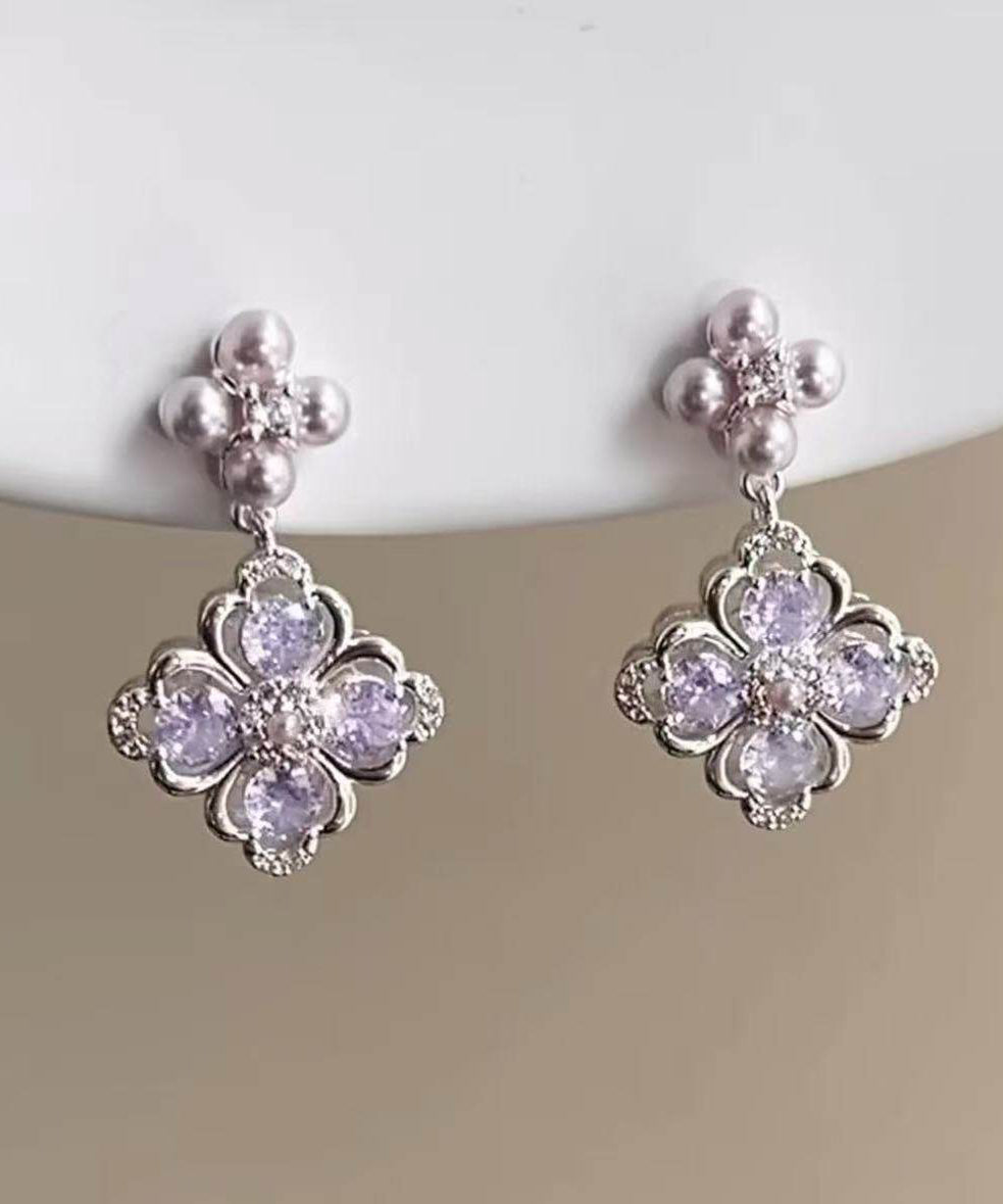 Chic Light Purple Zircon Silver Needle Pearl Drop Earrings