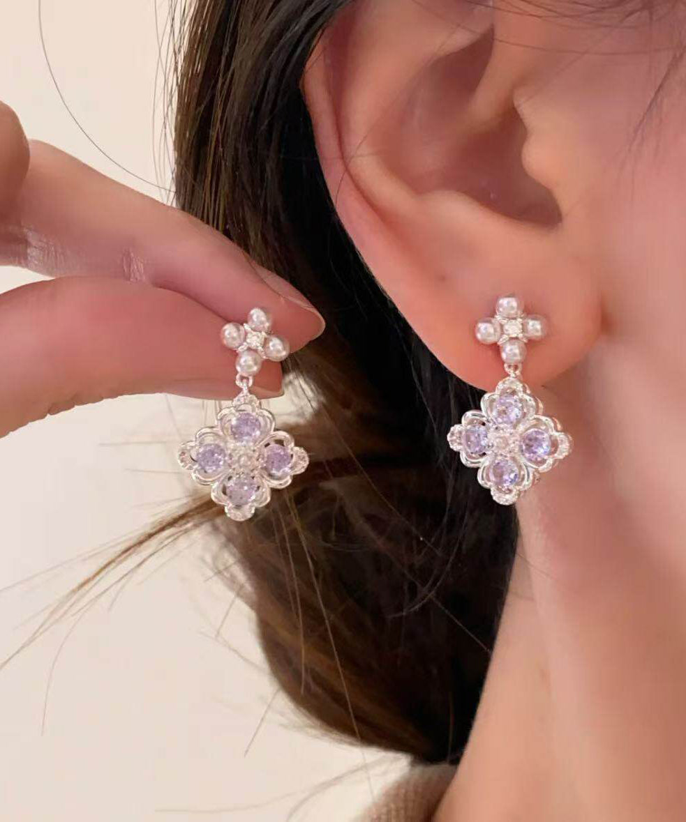 Chic Light Purple Zircon Silver Needle Pearl Drop Earrings
