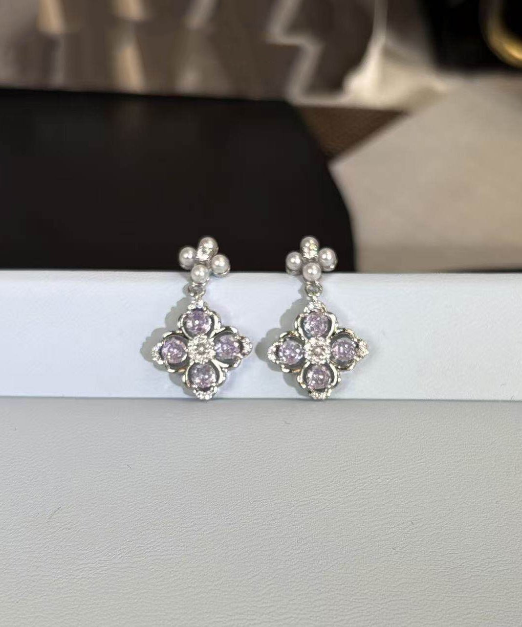 Chic Light Purple Zircon Silver Needle Pearl Drop Earrings