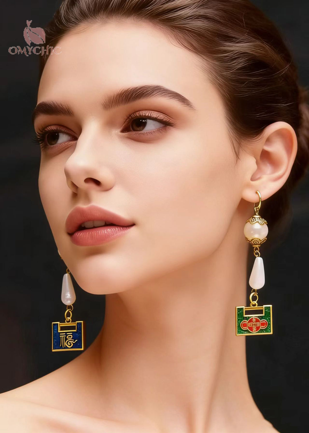 Chic Metal Lock Asymmetrical Design Fine Pearl Drop Earrings