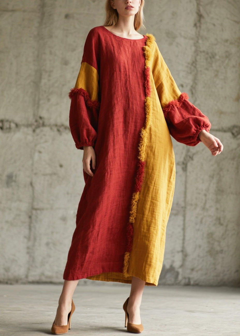 Chic Mixed Color Asymmetrical Patchwork Faux Fur Long Dress Fall