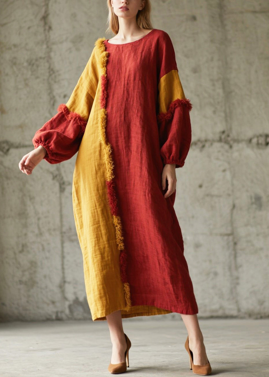 Chic Mixed Color Asymmetrical Patchwork Faux Fur Long Dress Fall