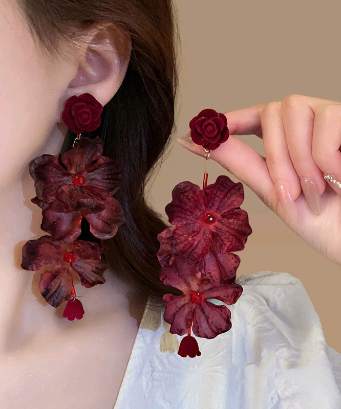 Chic Mulberry Fabric Resin Rose Tassel Drop Earrings