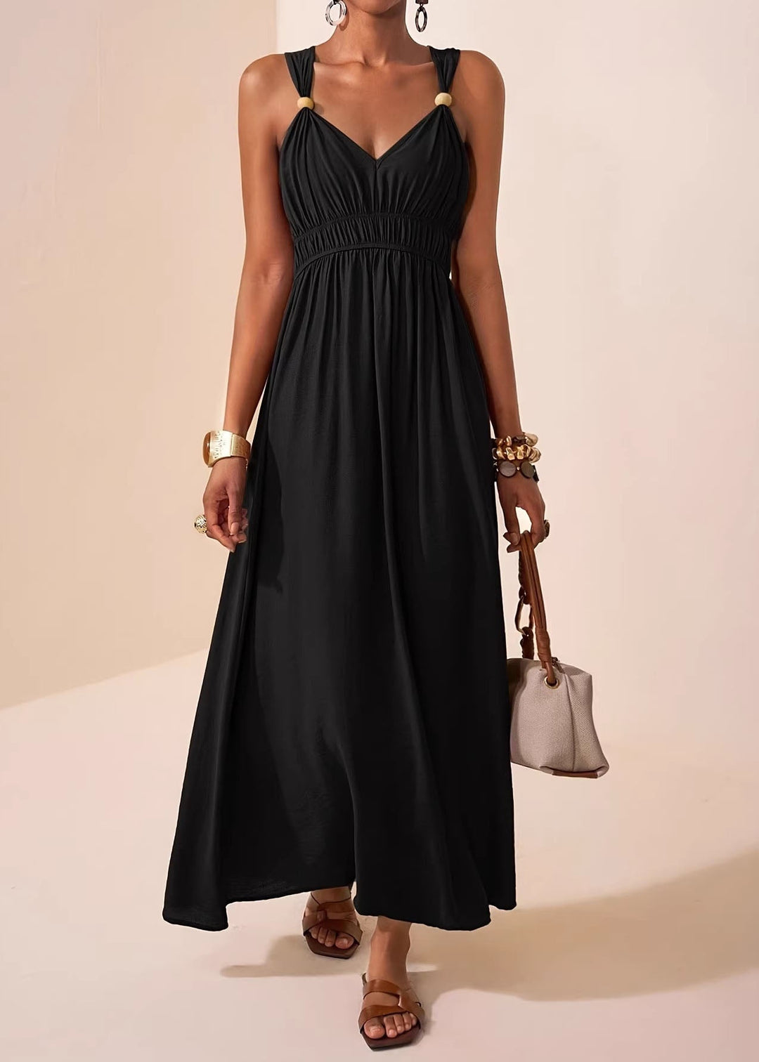 Chic Mulberry V Neck Patchwork Cotton Maxi Dress Sleeveless