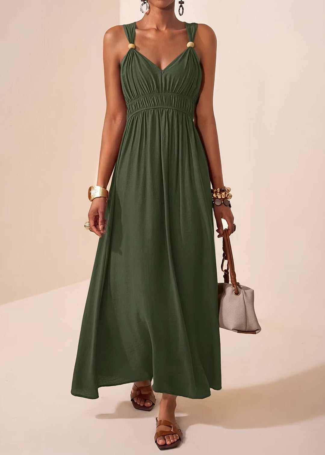 Chic Mulberry V Neck Patchwork Cotton Maxi Dress Sleeveless