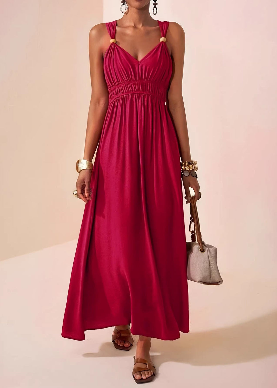 Chic Mulberry V Neck Patchwork Cotton Maxi Dress Sleeveless