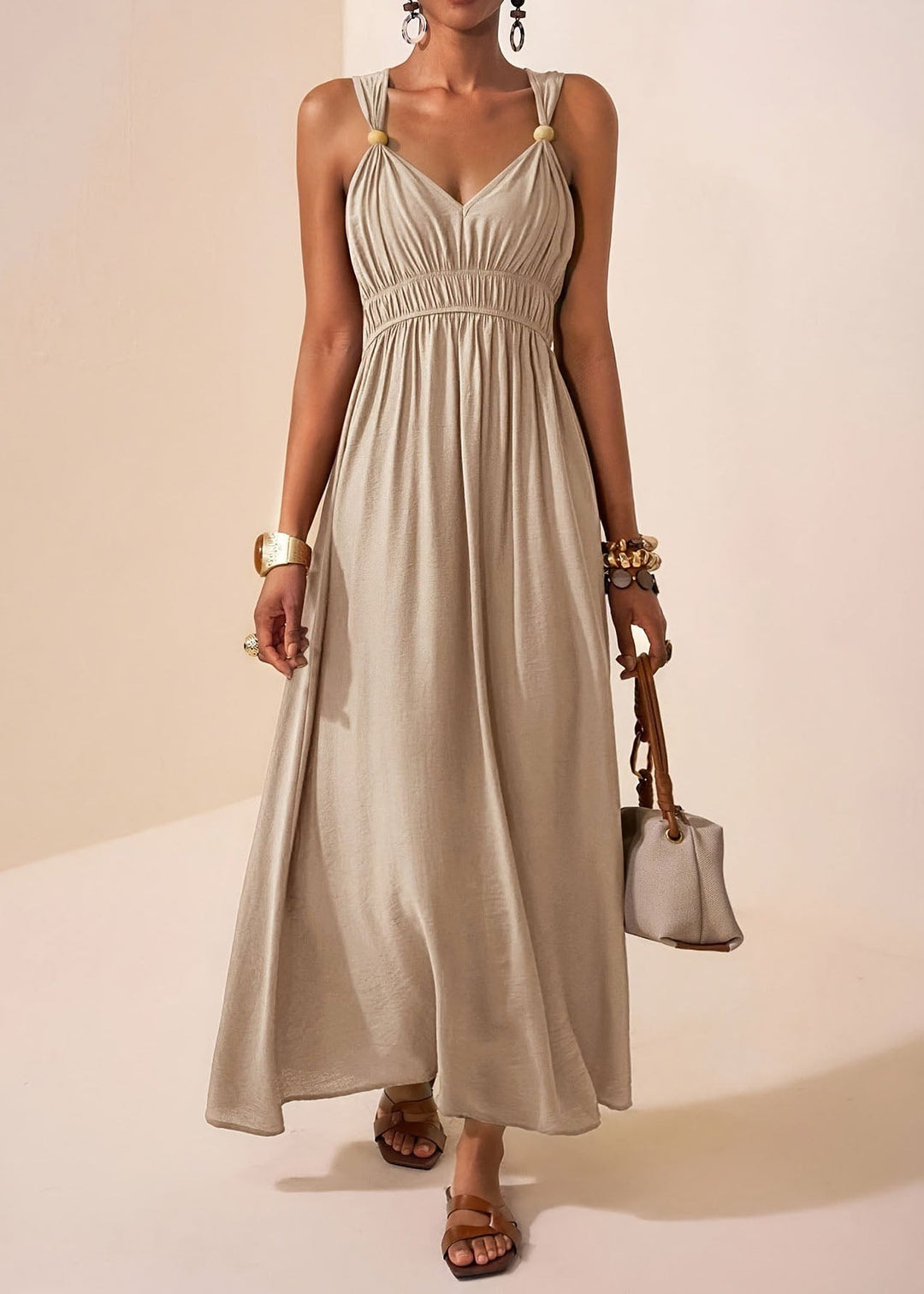 Chic Mulberry V Neck Patchwork Cotton Maxi Dress Sleeveless