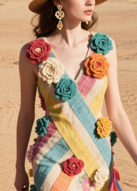 Chic Multicolor Striped Knitted Flower Cotton Cami Dresses Summer