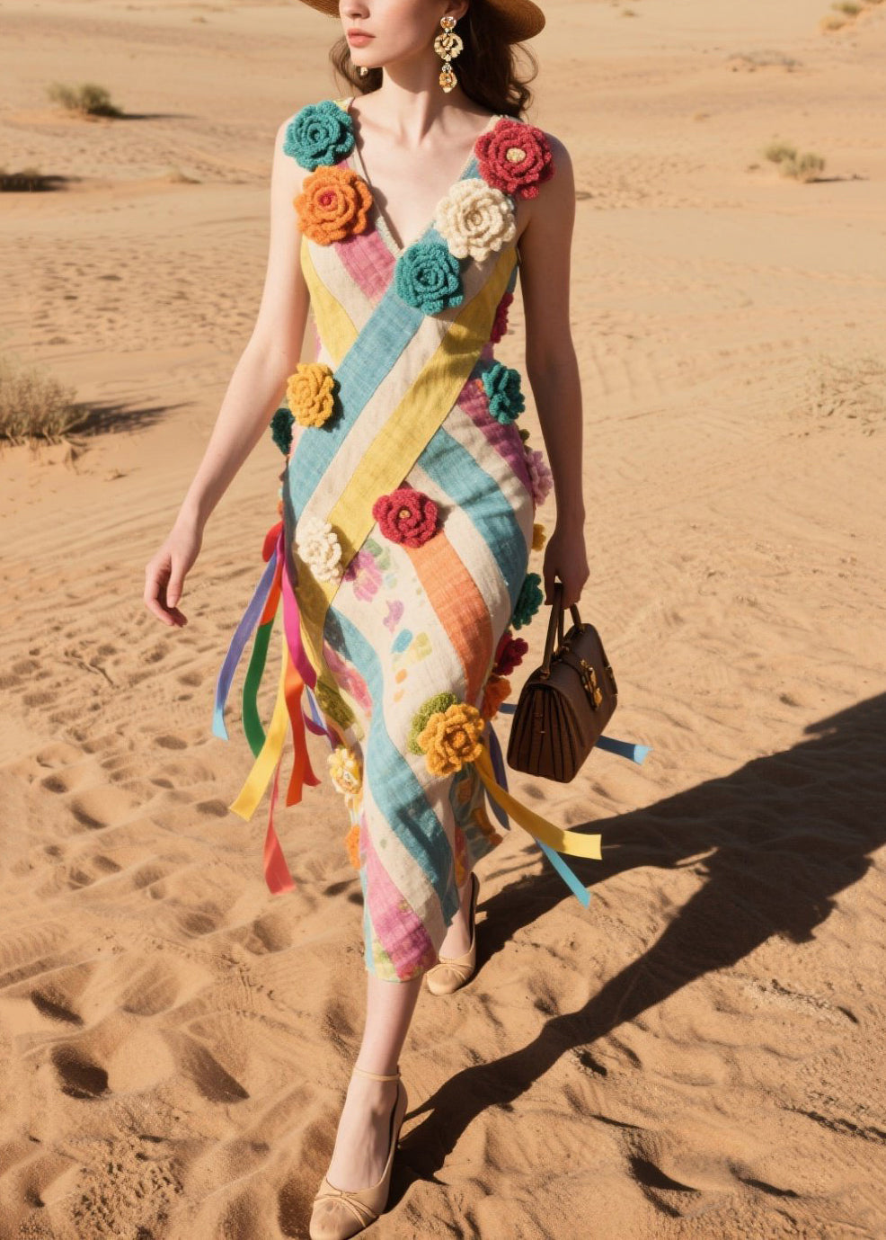 Chic Multicolor Striped Knitted Flower Cotton Cami Dresses Summer