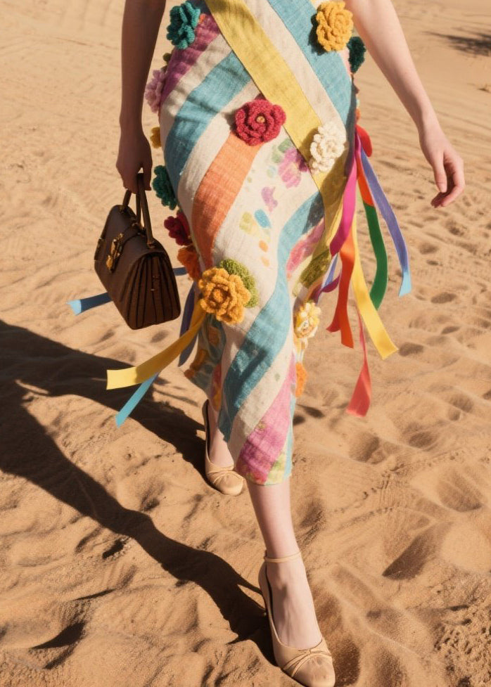 Chic Multicolor Striped Knitted Flower Cotton Cami Dresses Summer
