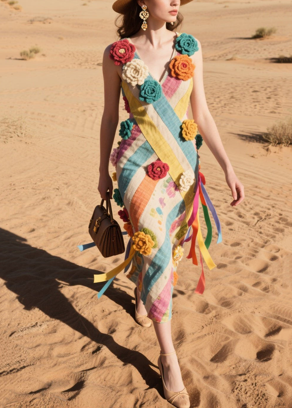 Chic Multicolor Striped Knitted Flower Cotton Cami Dresses Summer