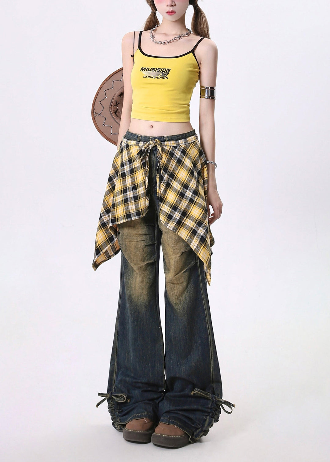 Chic Navy Cinched Exra Large Hem Denim Flared Trousers Pants Spring