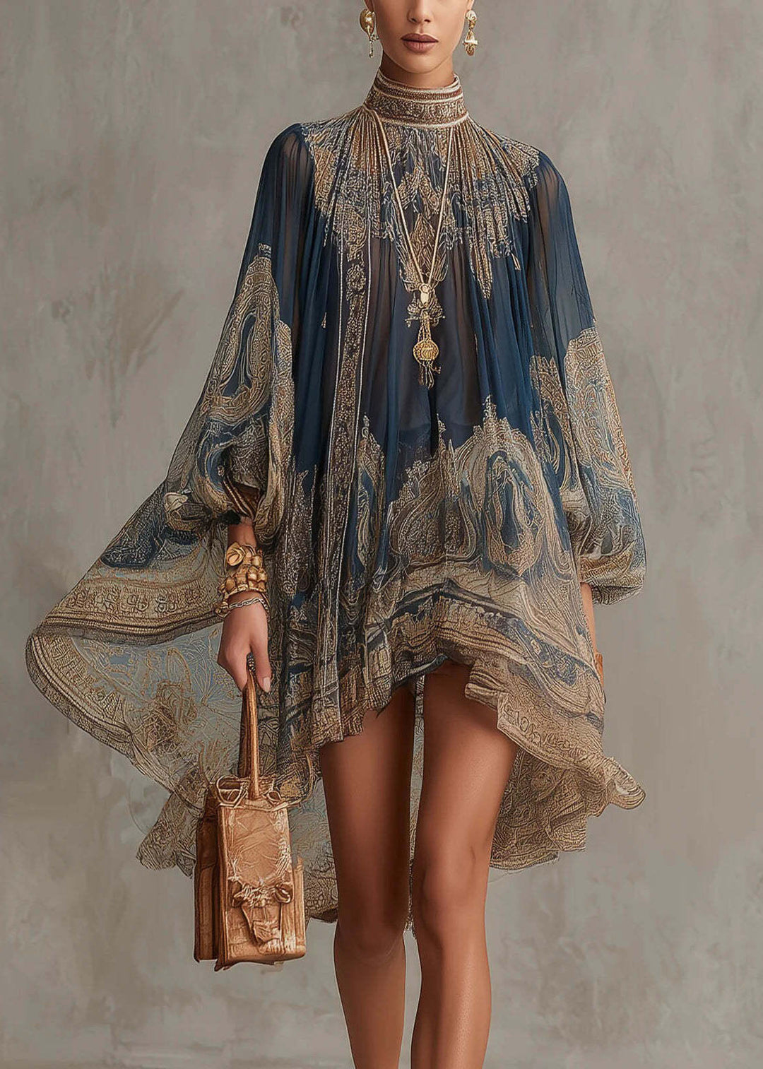Chic Navy Hign Neck Print Chiffon Vacation Dresses Summer