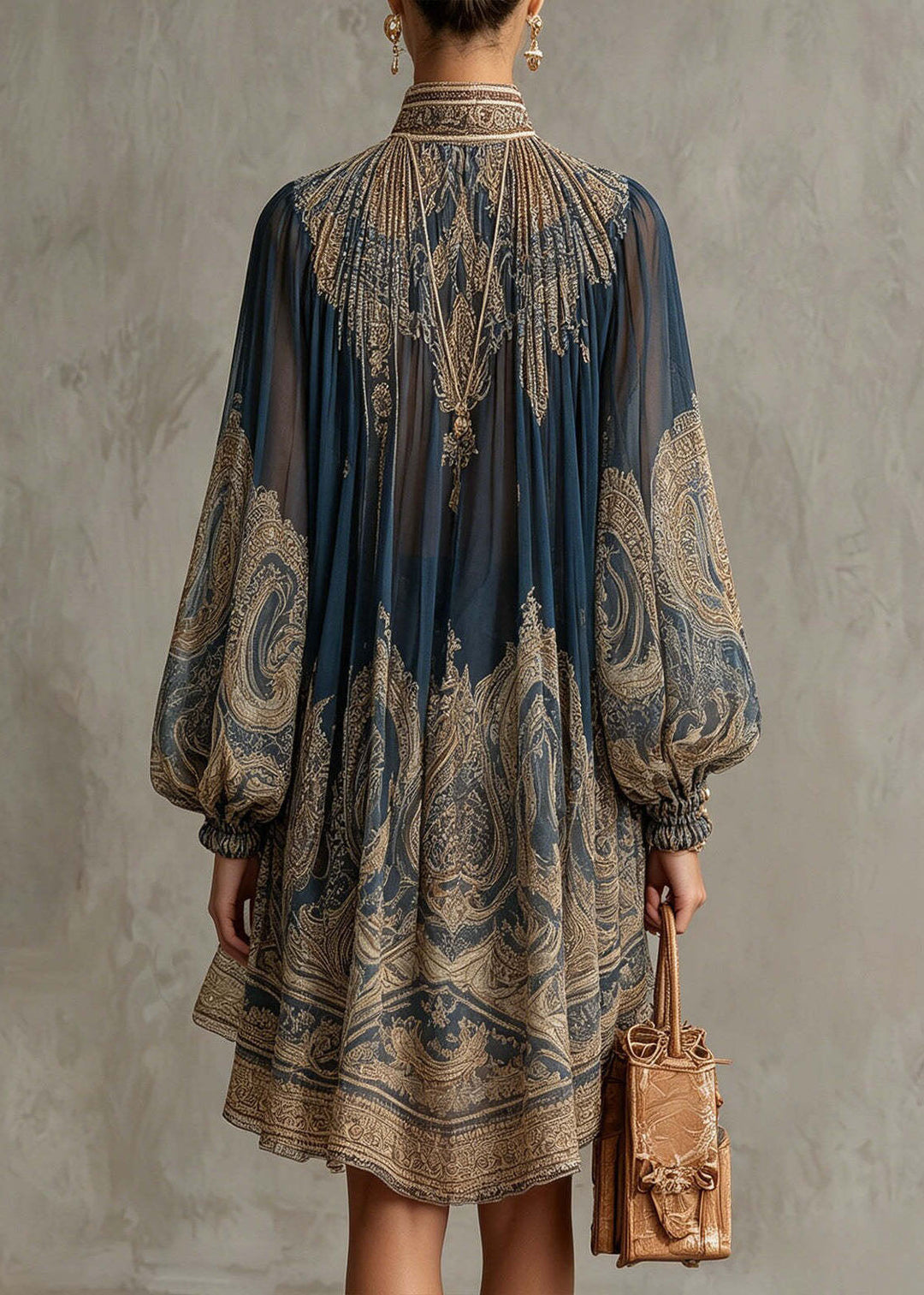 Chic Navy Hign Neck Print Chiffon Vacation Dresses Summer