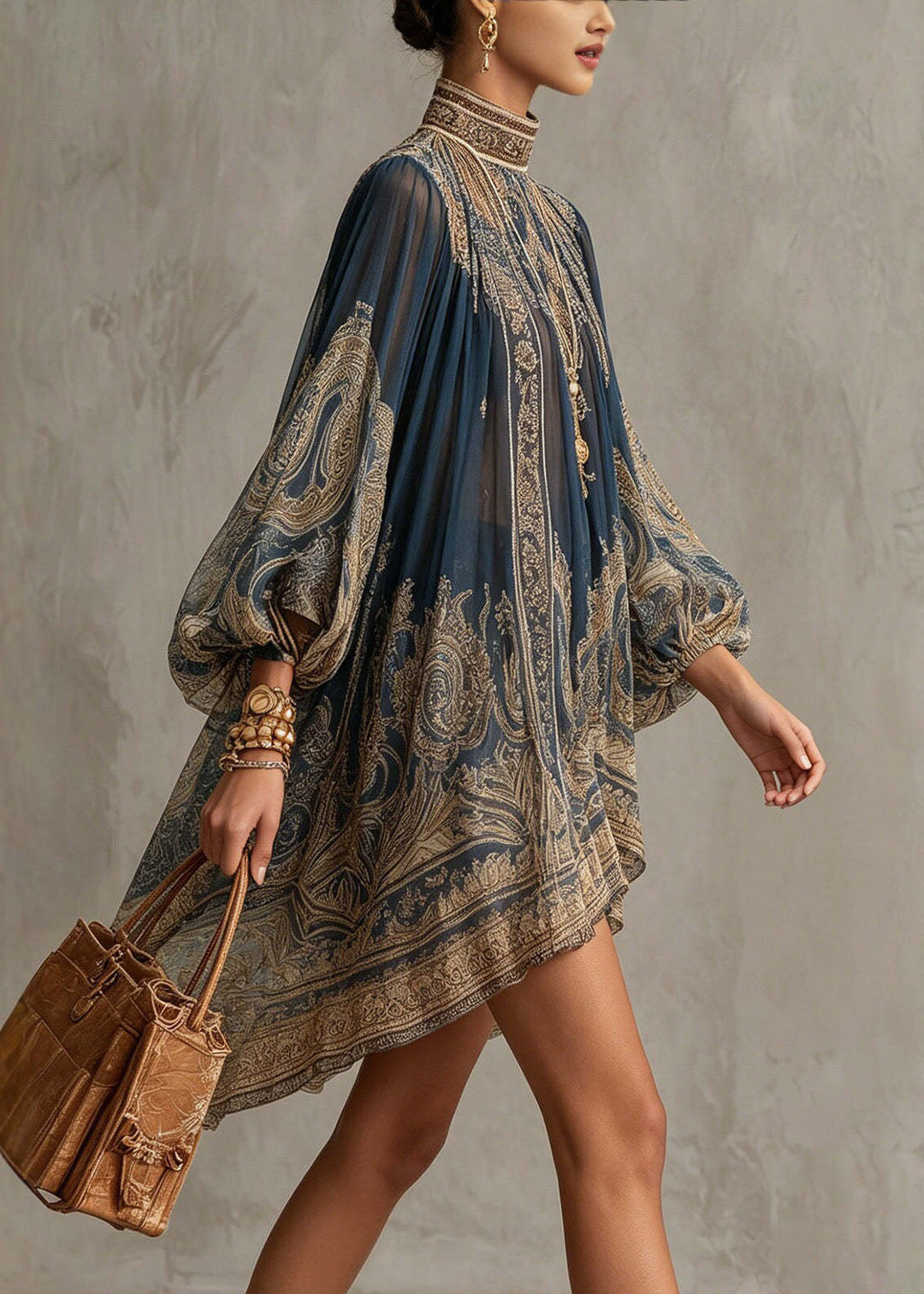 Chic Navy Hign Neck Print Chiffon Vacation Dresses Summer