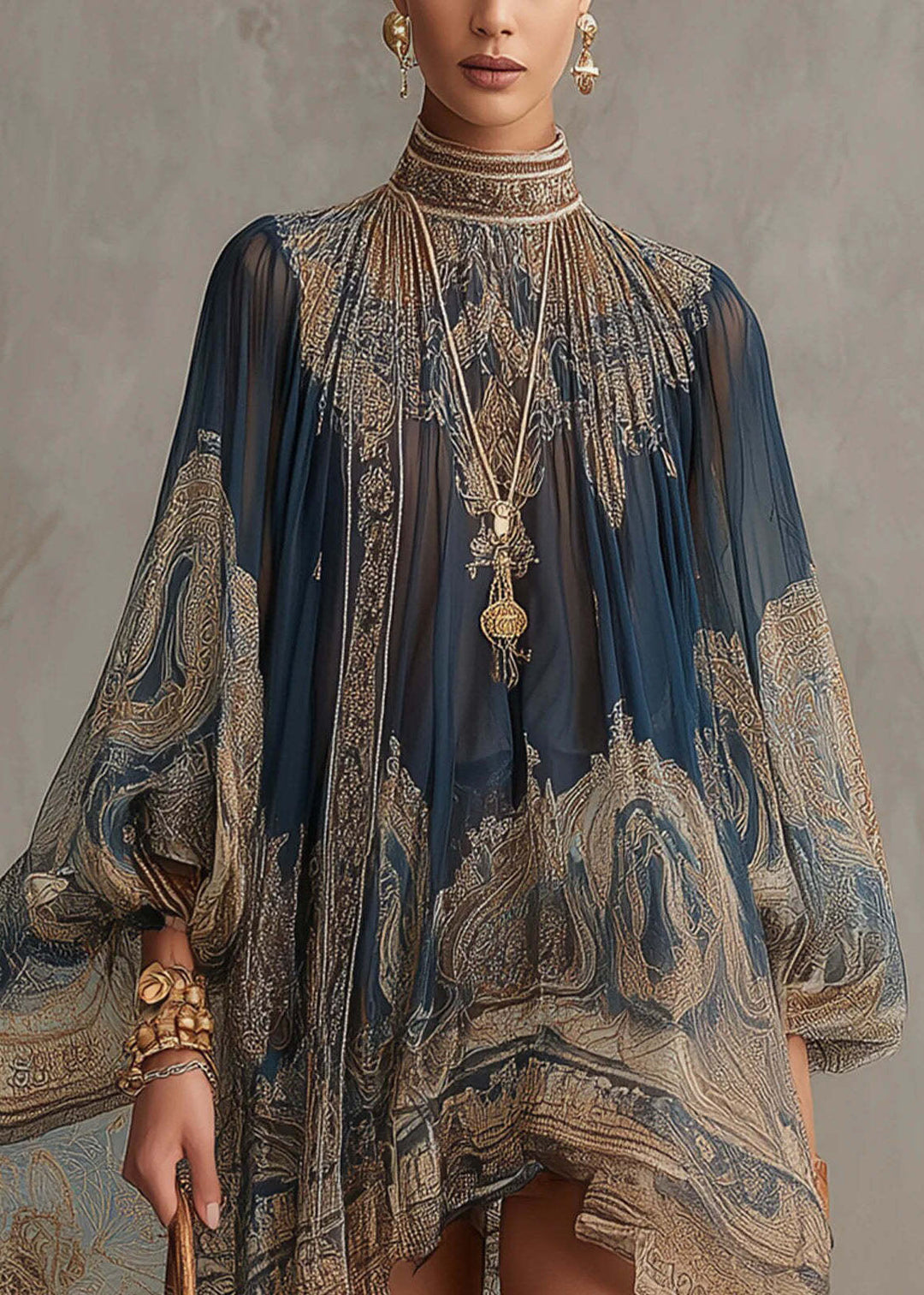 Chic Navy Hign Neck Print Chiffon Vacation Dresses Summer