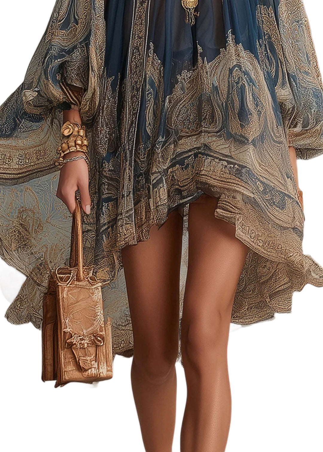 Chic Navy Hign Neck Print Chiffon Vacation Dresses Summer