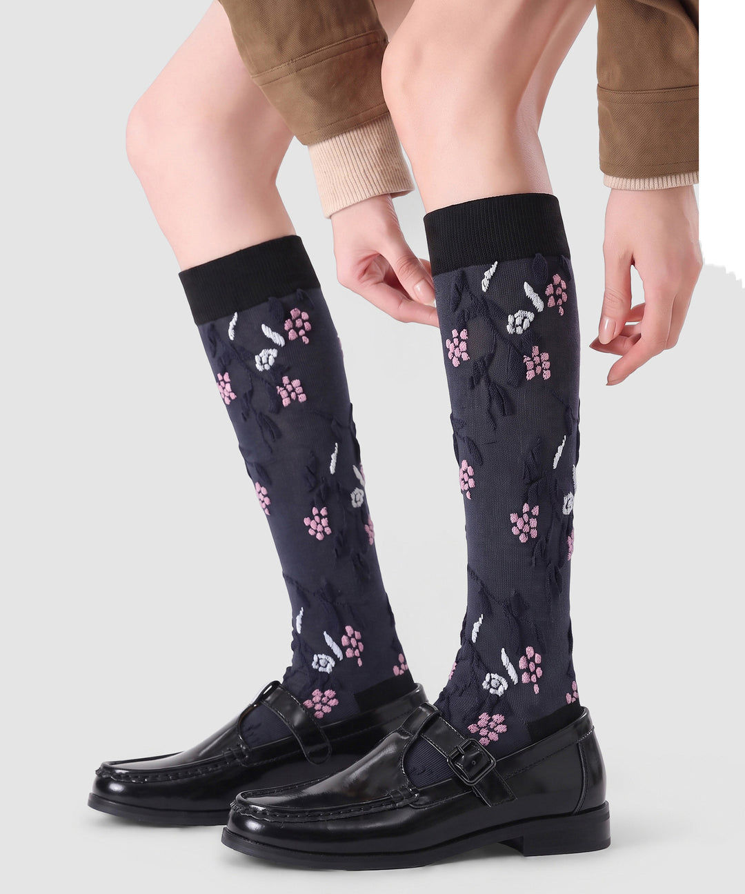 Chic Navy Jacquard Patchwork Cotton Mid Calf Socks