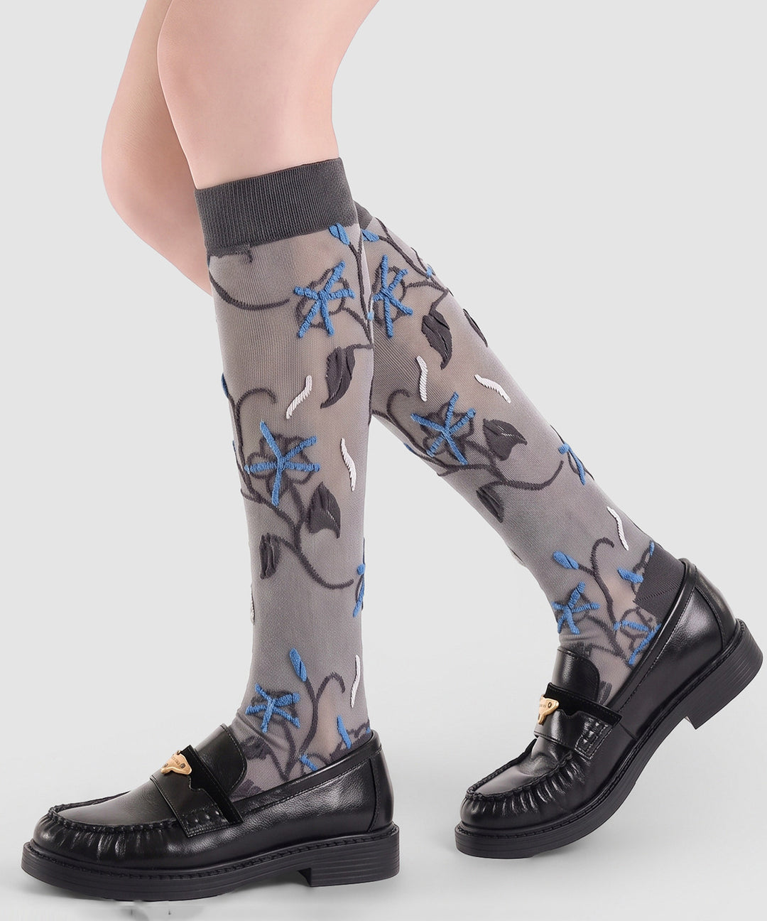 Chic Navy Jacquard Patchwork Cotton Mid Calf Socks