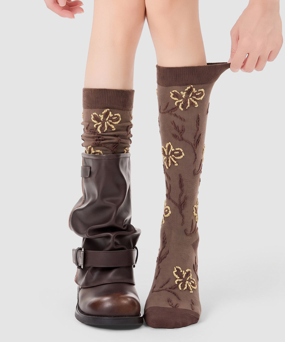 Chic Navy Jacquard Patchwork Cotton Mid Calf Socks