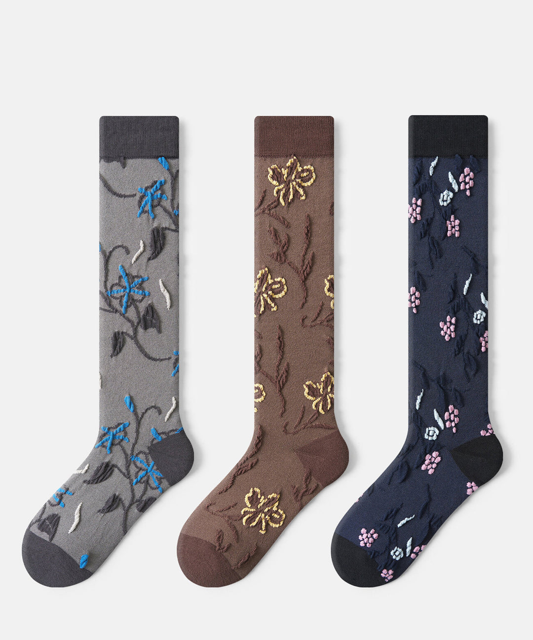 Chic Navy Jacquard Patchwork Cotton Mid Calf Socks