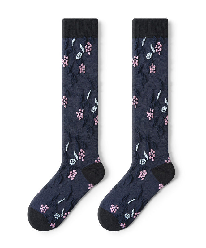 Chic Navy Jacquard Patchwork Cotton Mid Calf Socks