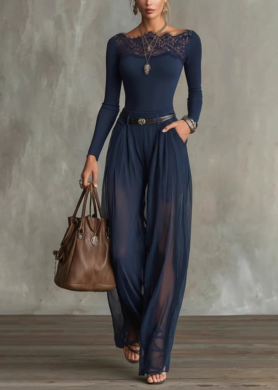 Chic Navy Lace Patchwork Cotton 2 Piece Outfit Summer