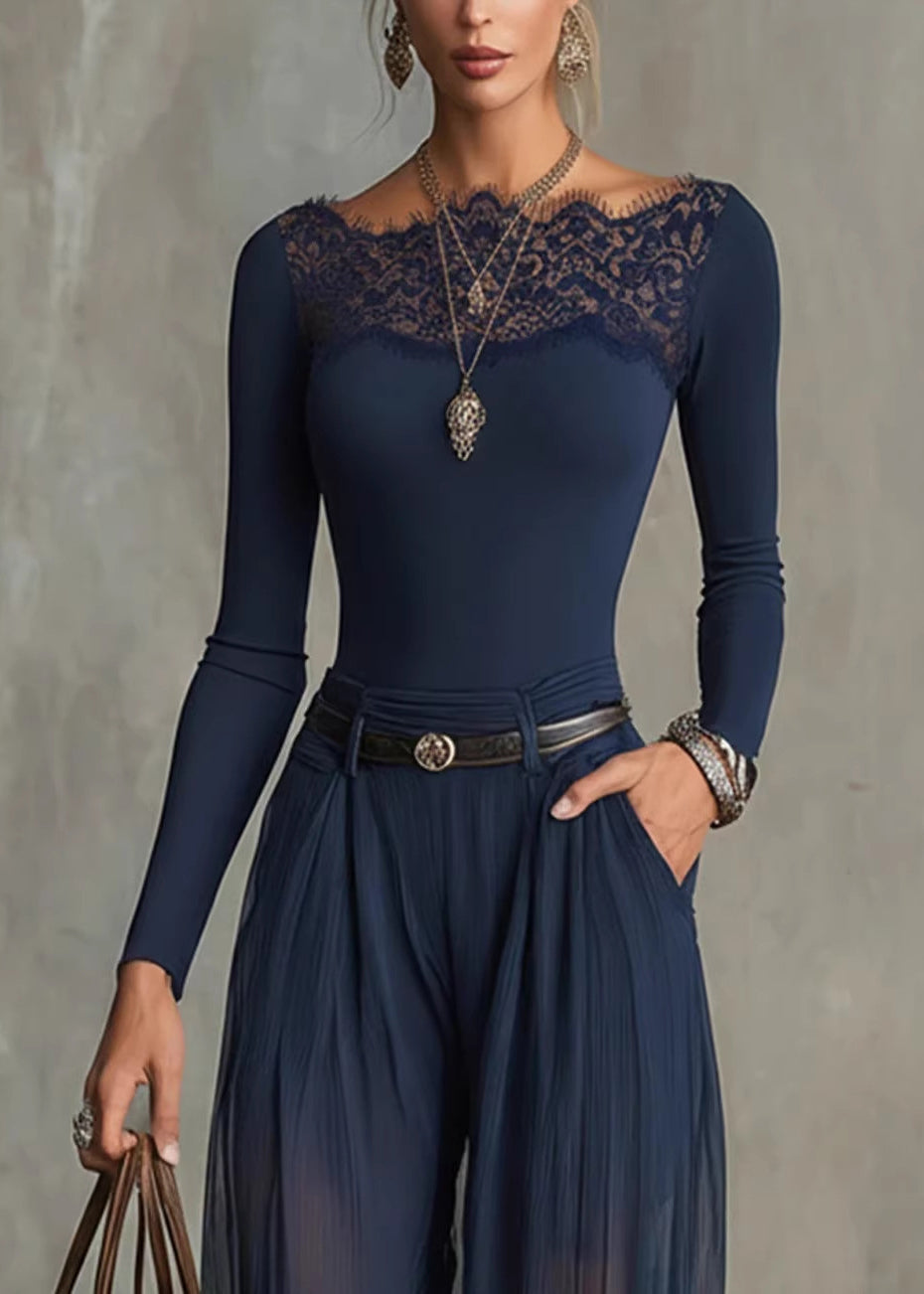 Chic Navy Lace Patchwork Cotton 2 Piece Outfit Summer