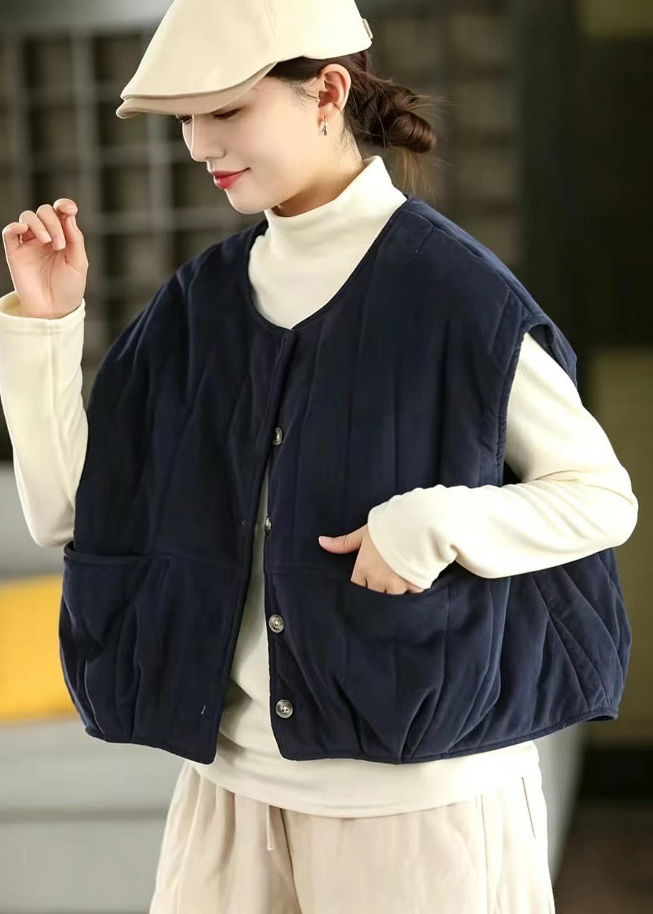 Chic Navy O-Neck Corduroy Cotton Filled Vest Winter