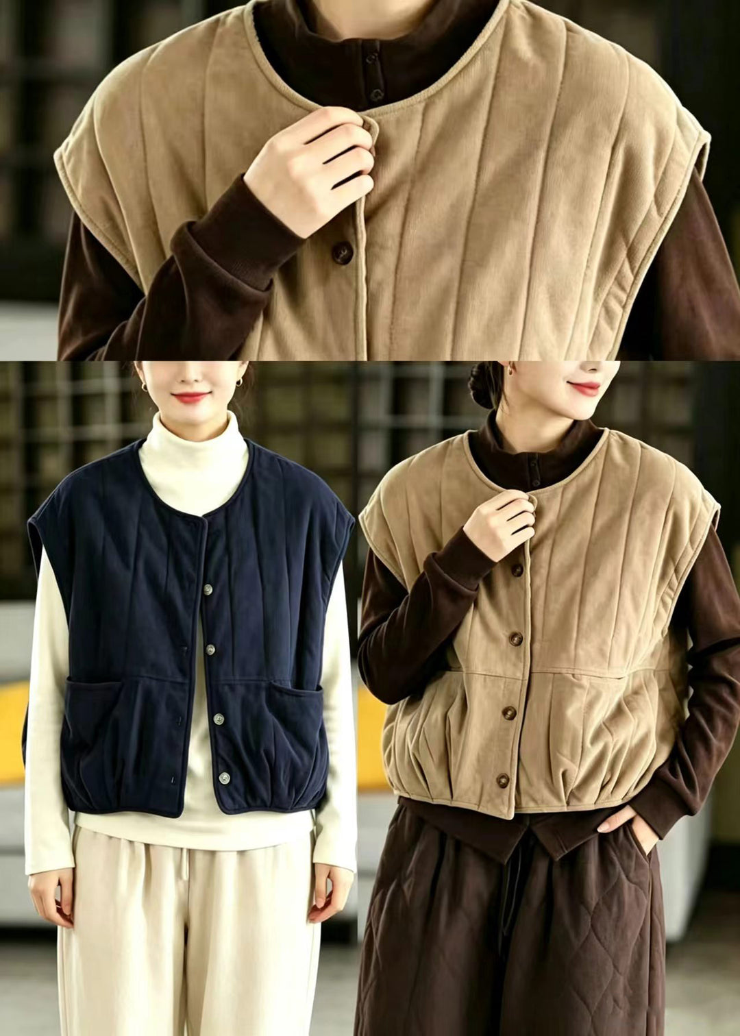 Chic Navy O-Neck Corduroy Cotton Filled Vest Winter